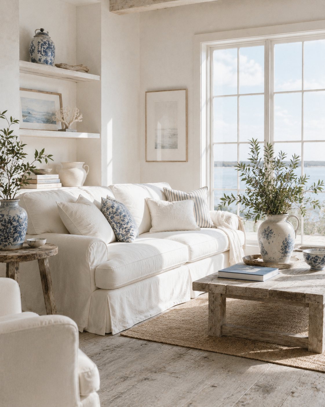 Sun-filled coastal living room with a white slipcovered sofa, blue and white ceramics and an ocean view