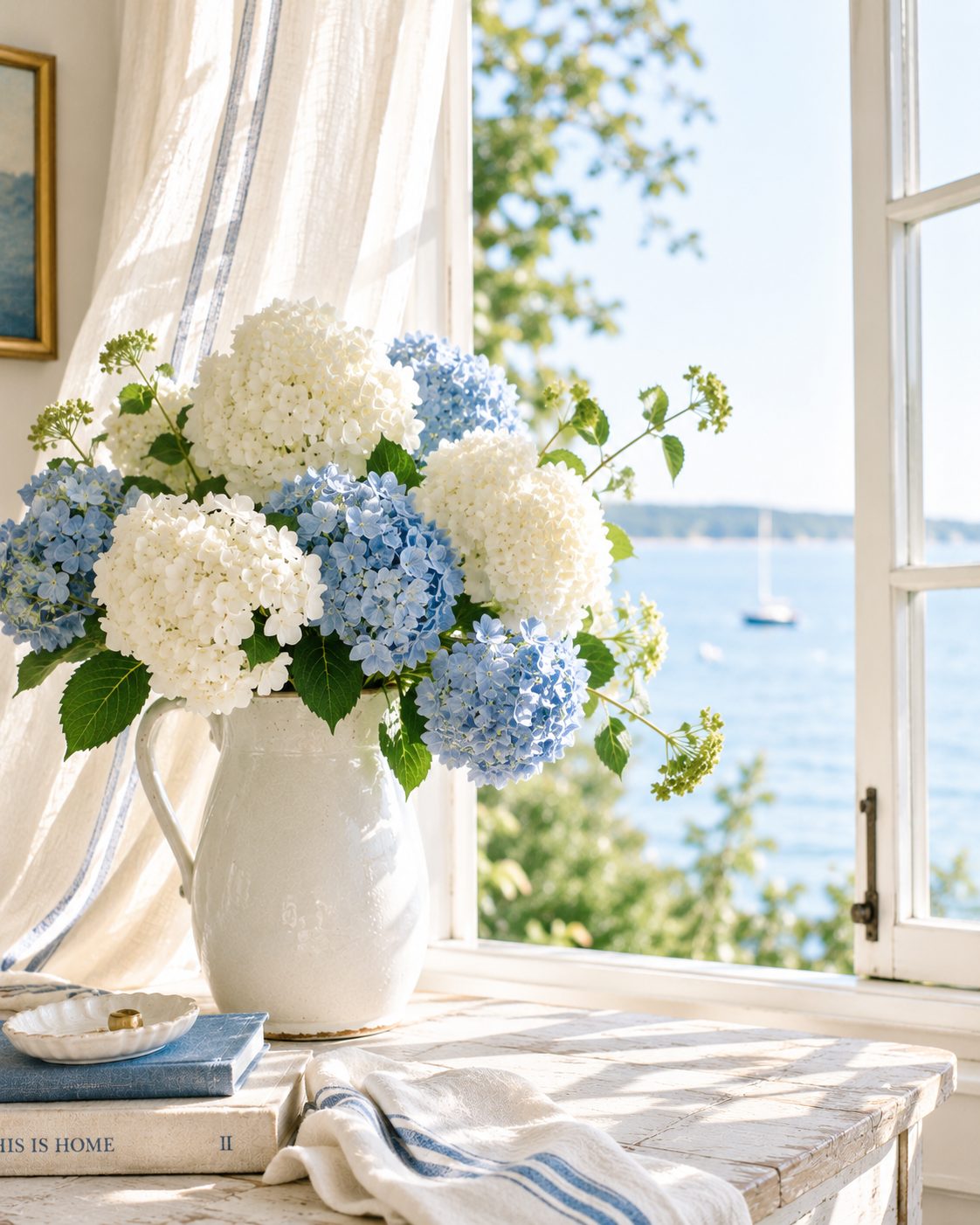 White and blue hydrangea in a white pitcher on a sunlit sill beside blue books, a sailboat on the water beyond