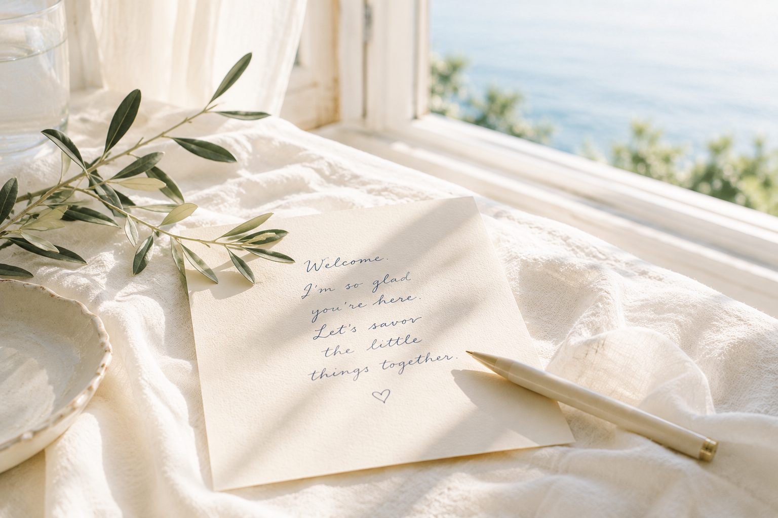 A handwritten welcome note on cream stationery with an olive sprig and a slim gold pen, in soft morning light