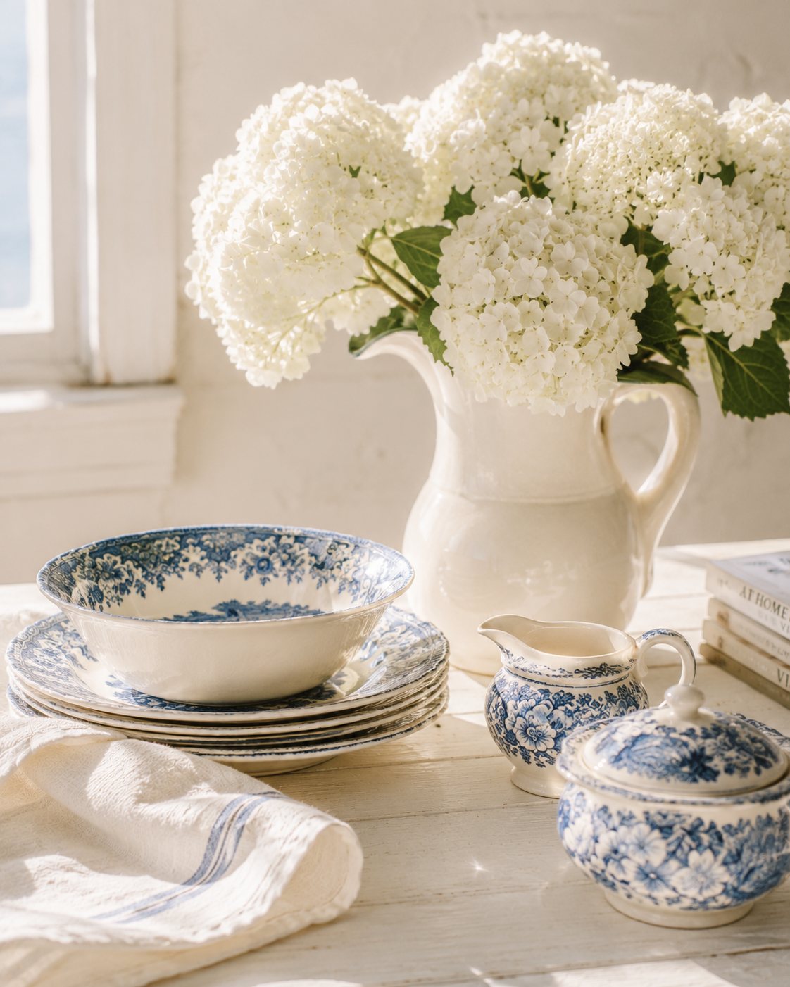 Blue and white china and a white pitcher of hydrangea on a sunlit table by a coastal window