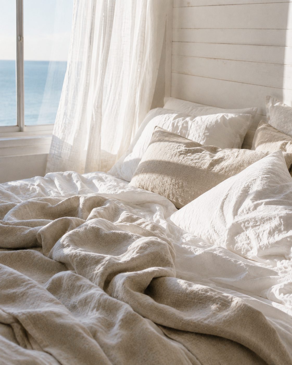 Sunlit rumpled white and oatmeal linen bedding by an open window with an ocean view