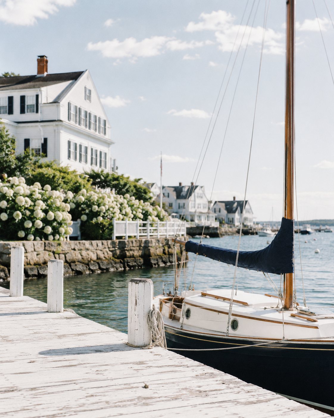 A sailboat moored at a white dock in bright morning light, white clapboard houses and hydrangea beyond