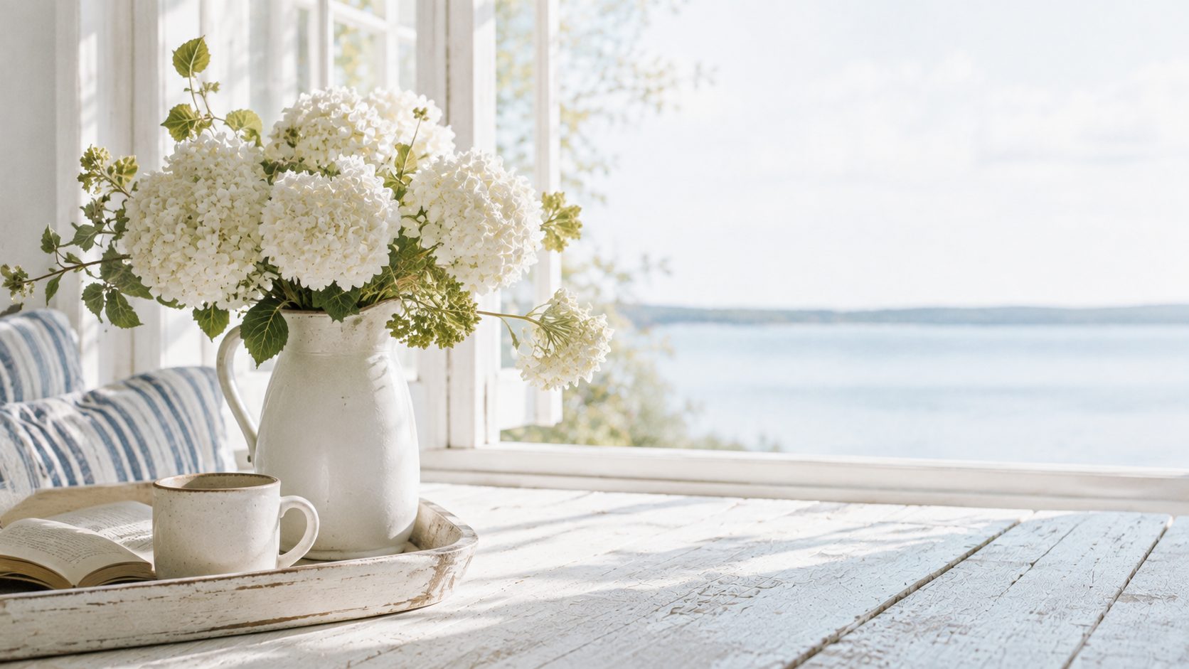 A sunlit tray of white hydrangea, an open book and a ceramic mug on a whitewashed table by an open window over the sea