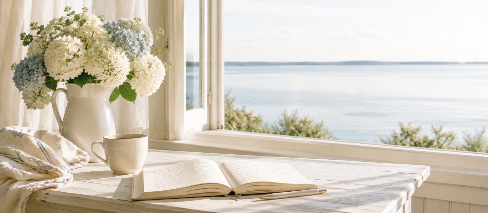 A sunlit table by an open window over the sea, white hydrangea in a pitcher, an open book and a ceramic mug