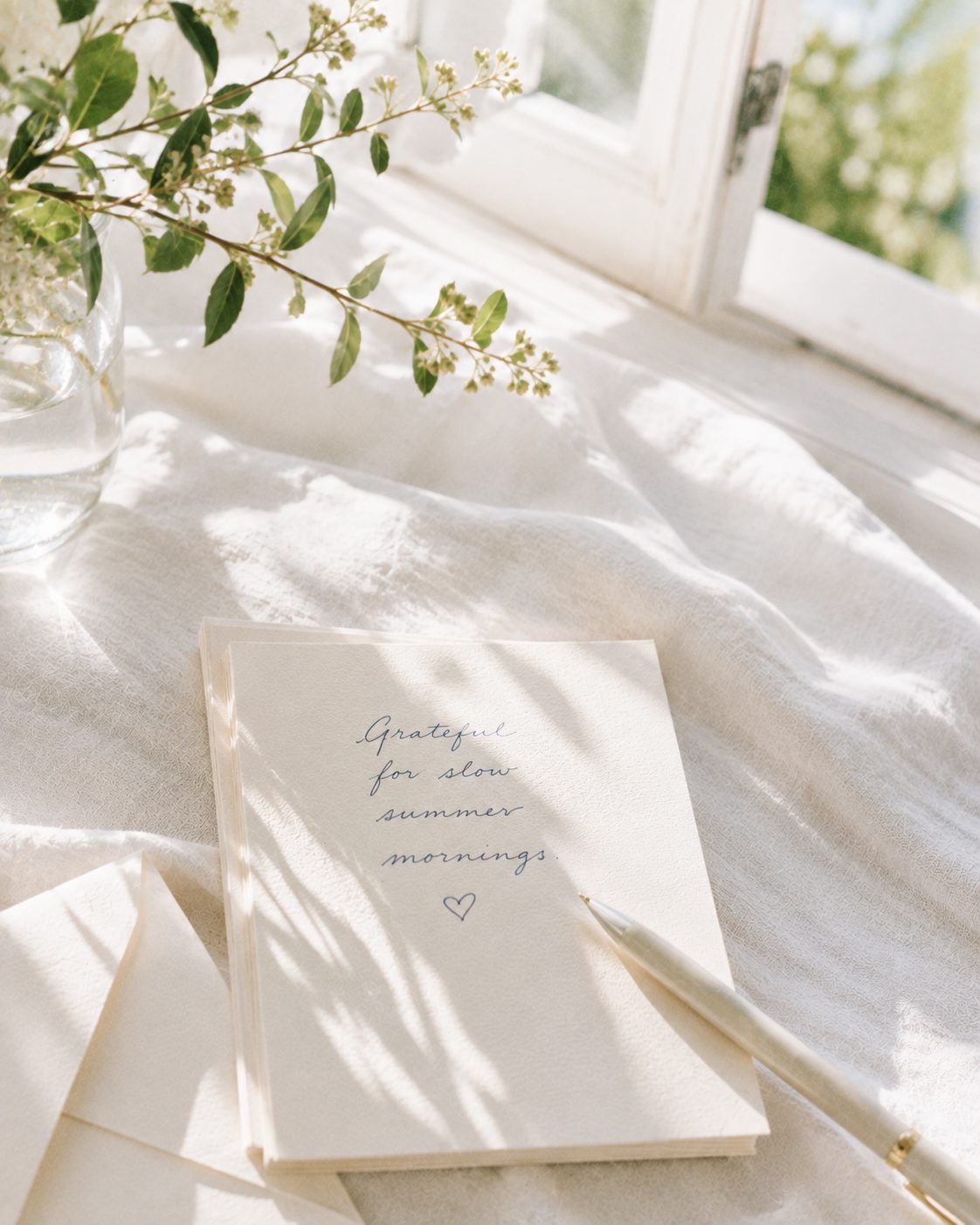 A handwritten card reading grateful for slow summer mornings, with greenery, in soft morning light